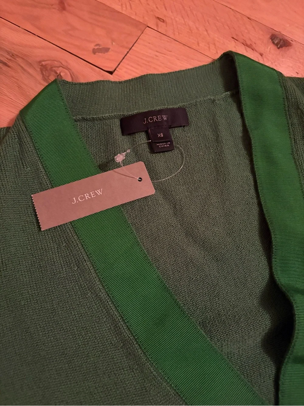 J. Crew Green V‑Neck Button Cardigan with Contrast Trim